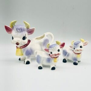 Vintage Ceramic Cow Creamer Salt Pepper Shaker Set Purple Spotted Figurine OS
